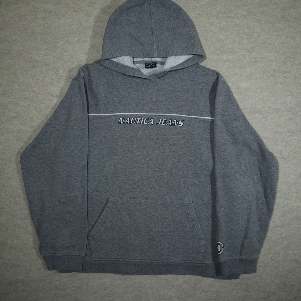 Nautica Jeans Co Mens Hoodie Size M Grey Pullover Fleece Logo Sweatshirt Vintage